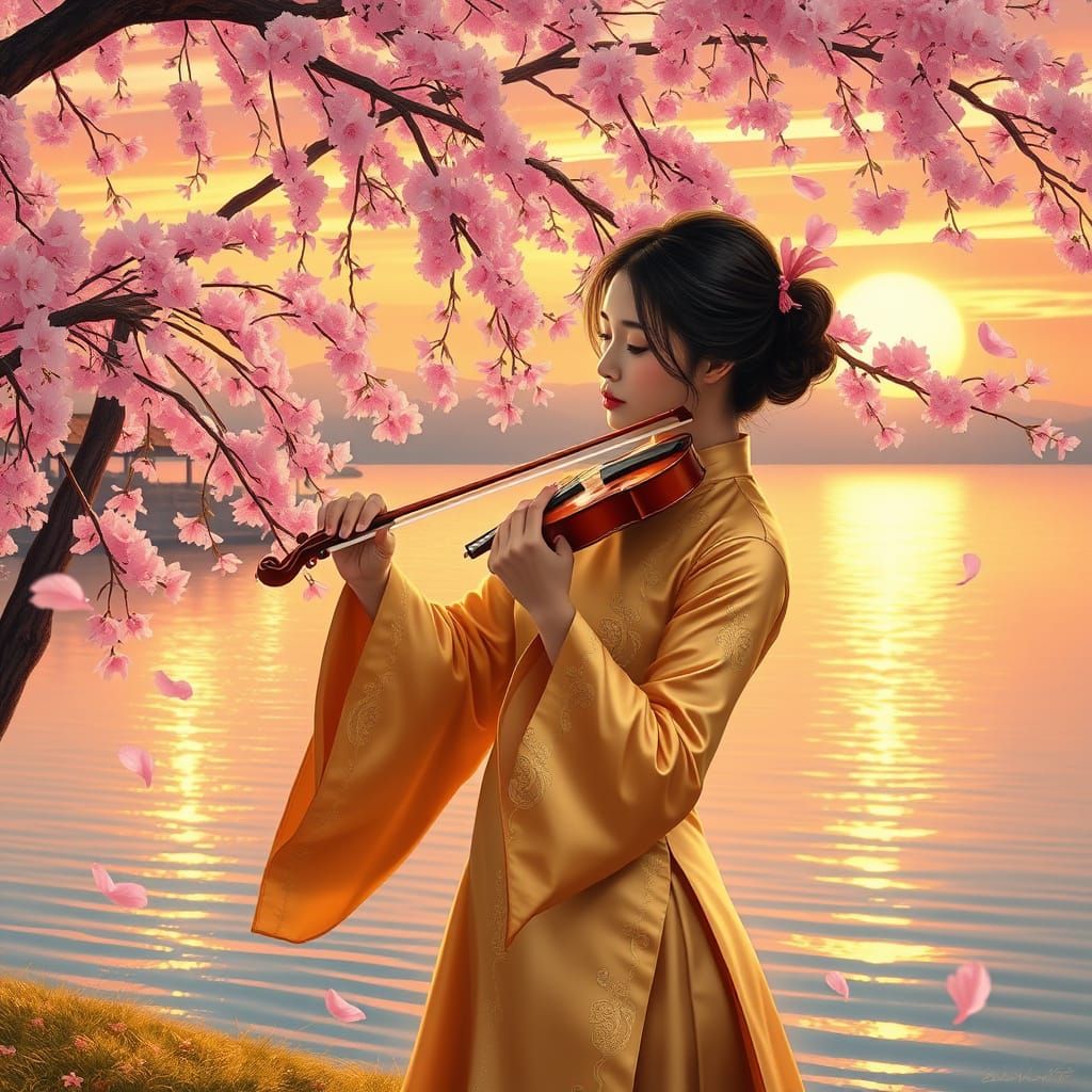 Young Vietnamese Woman in Golden Ao Dai Plays Violin Under C...