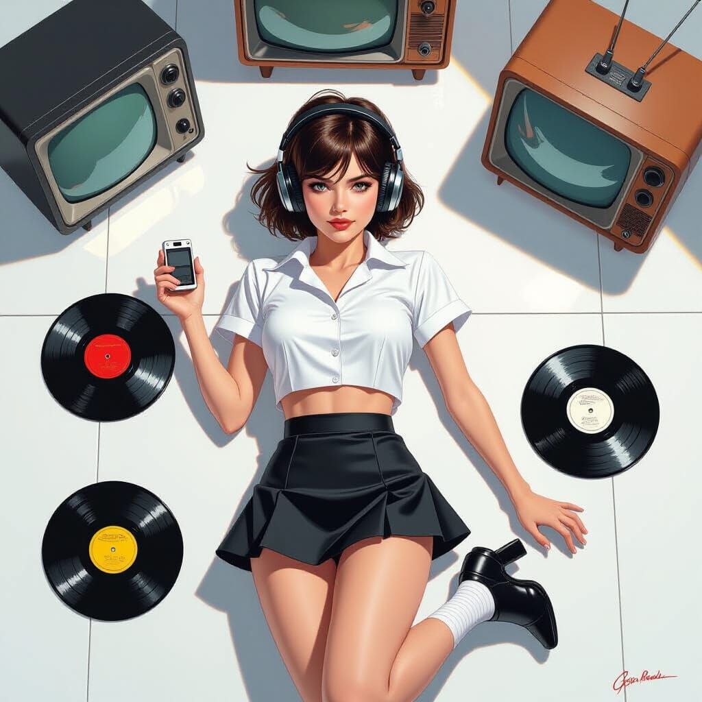 Stunning Woman in Uniform with Vintage Electronics