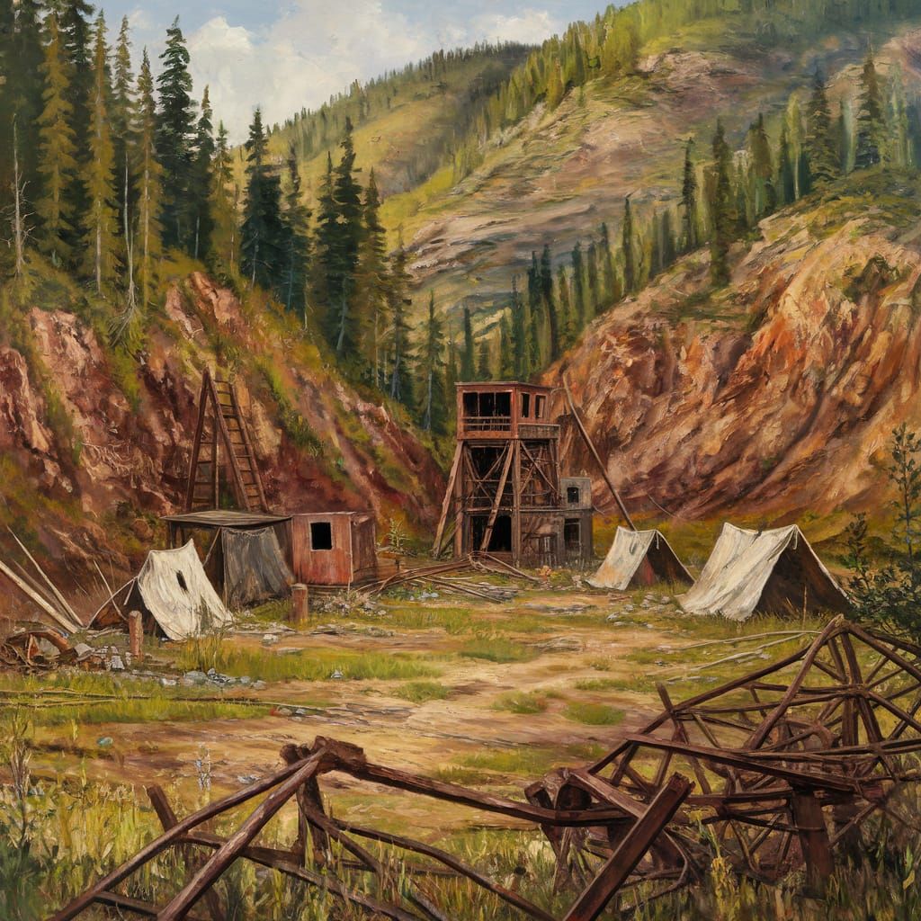 Abandoned Mining Camp Oil Painting in Forest Valley