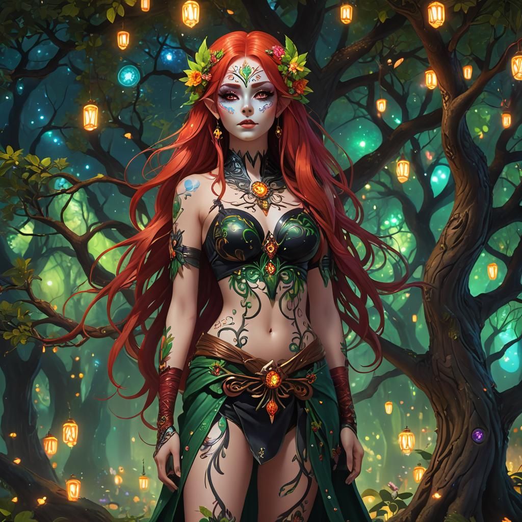 Elven Woman Merged with Tree of Life in Anime Style