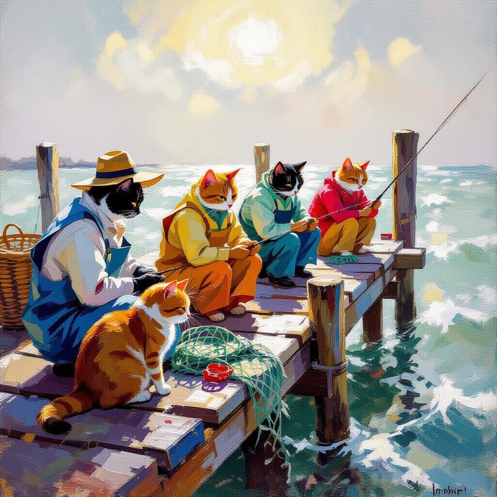 Cats as Fishermen in Expressionist Style