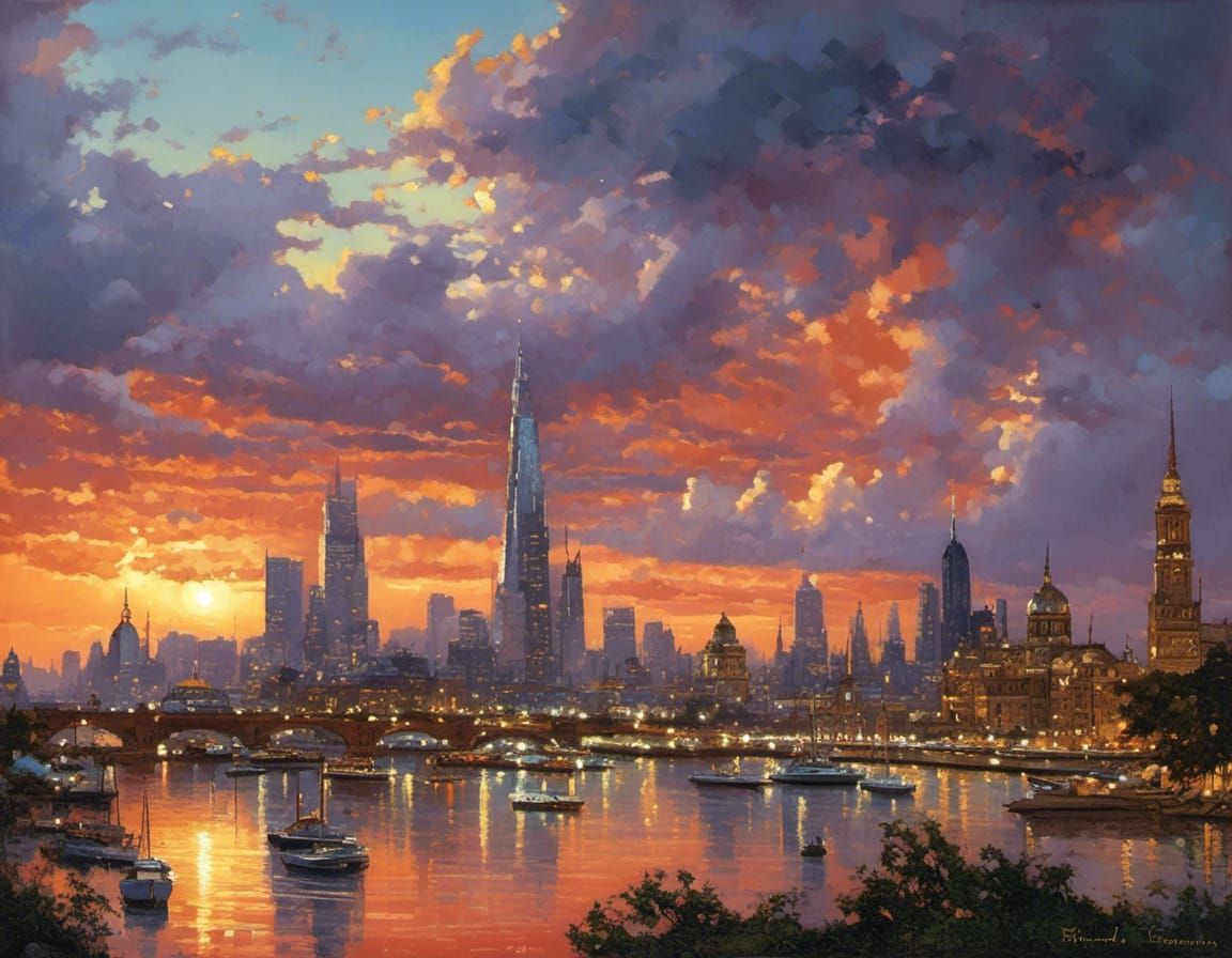 Fantasy Cityscape with Flora, Palette Knife Oil Painting