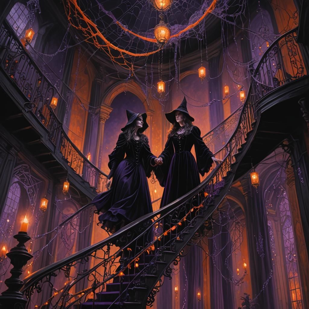 a cryptid staircase with orange and purple fairy lights blac...