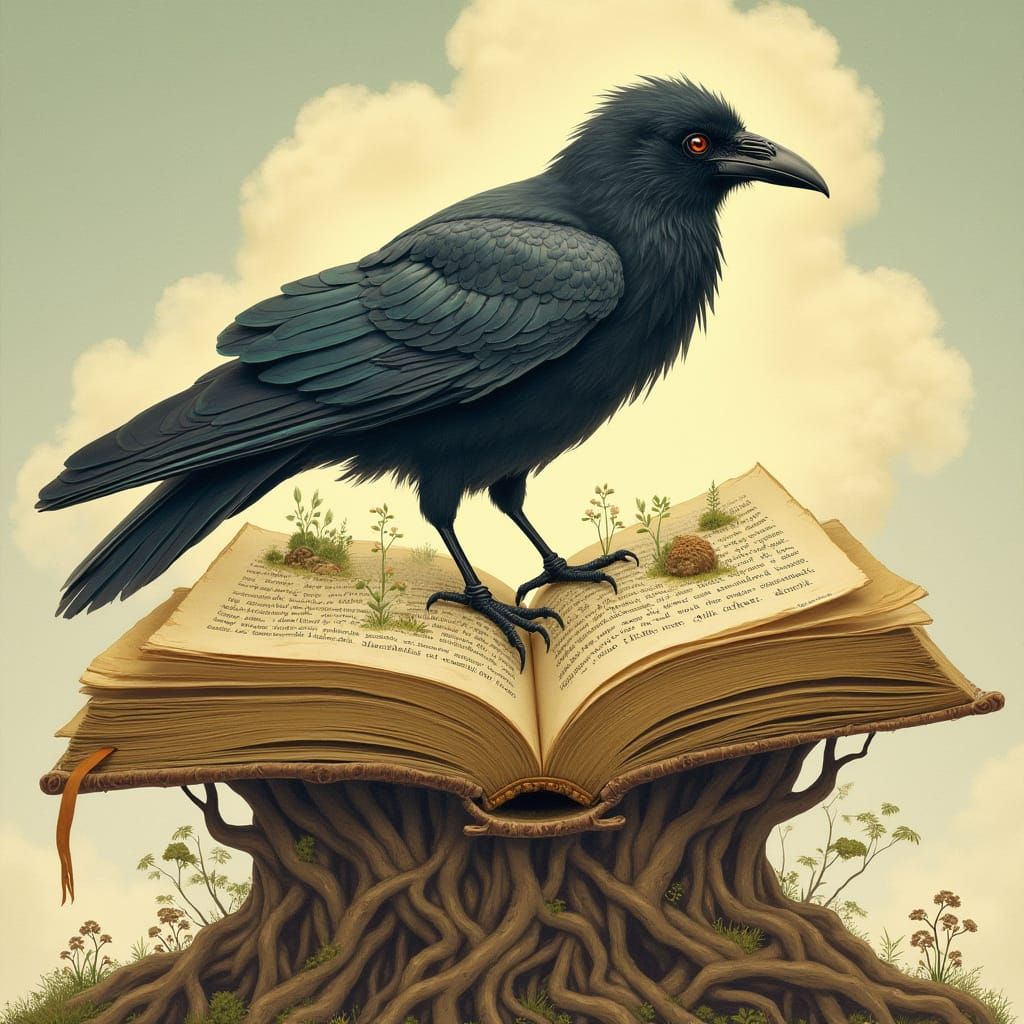 Raven on Ancient Book with Miniature Worlds