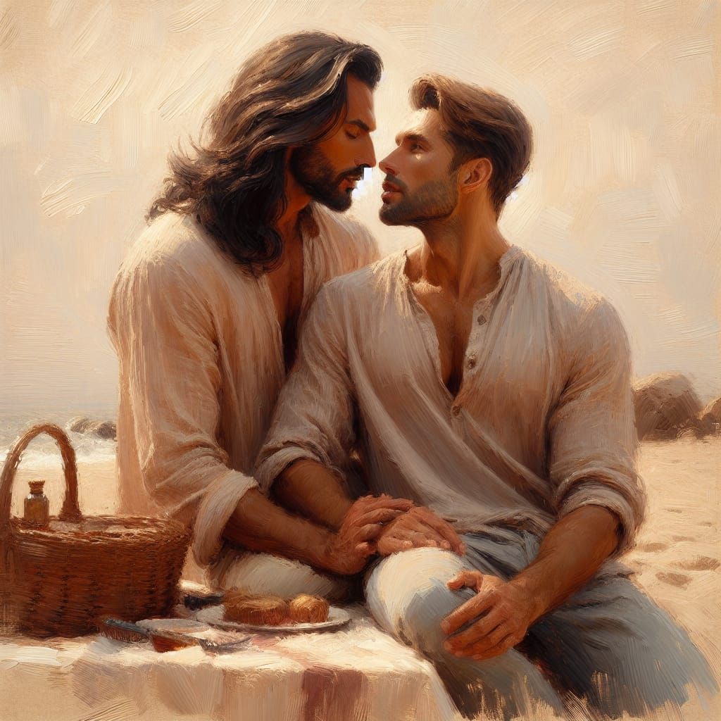 Gay Couple's Beach Picnic in Impressionistic Style