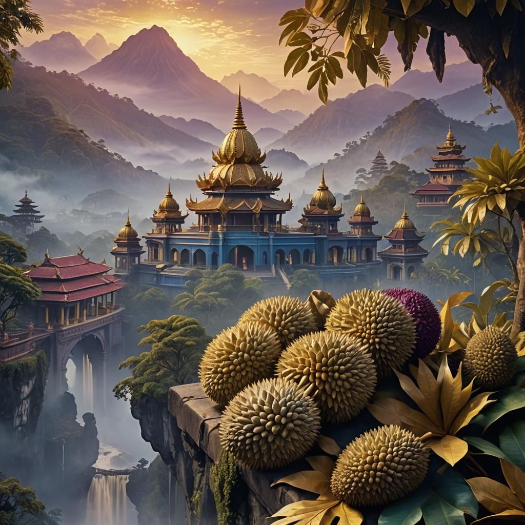Ornate Durian Fruit with Golden Leaves: Digital Painting