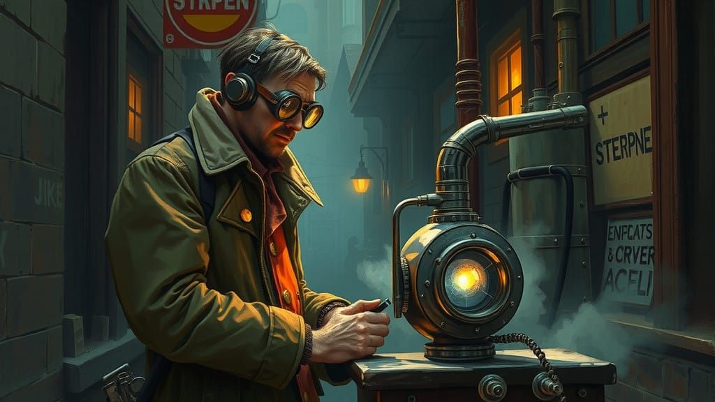 Gritty Aetherpunk Inventor in Steam-Powered Alleyway