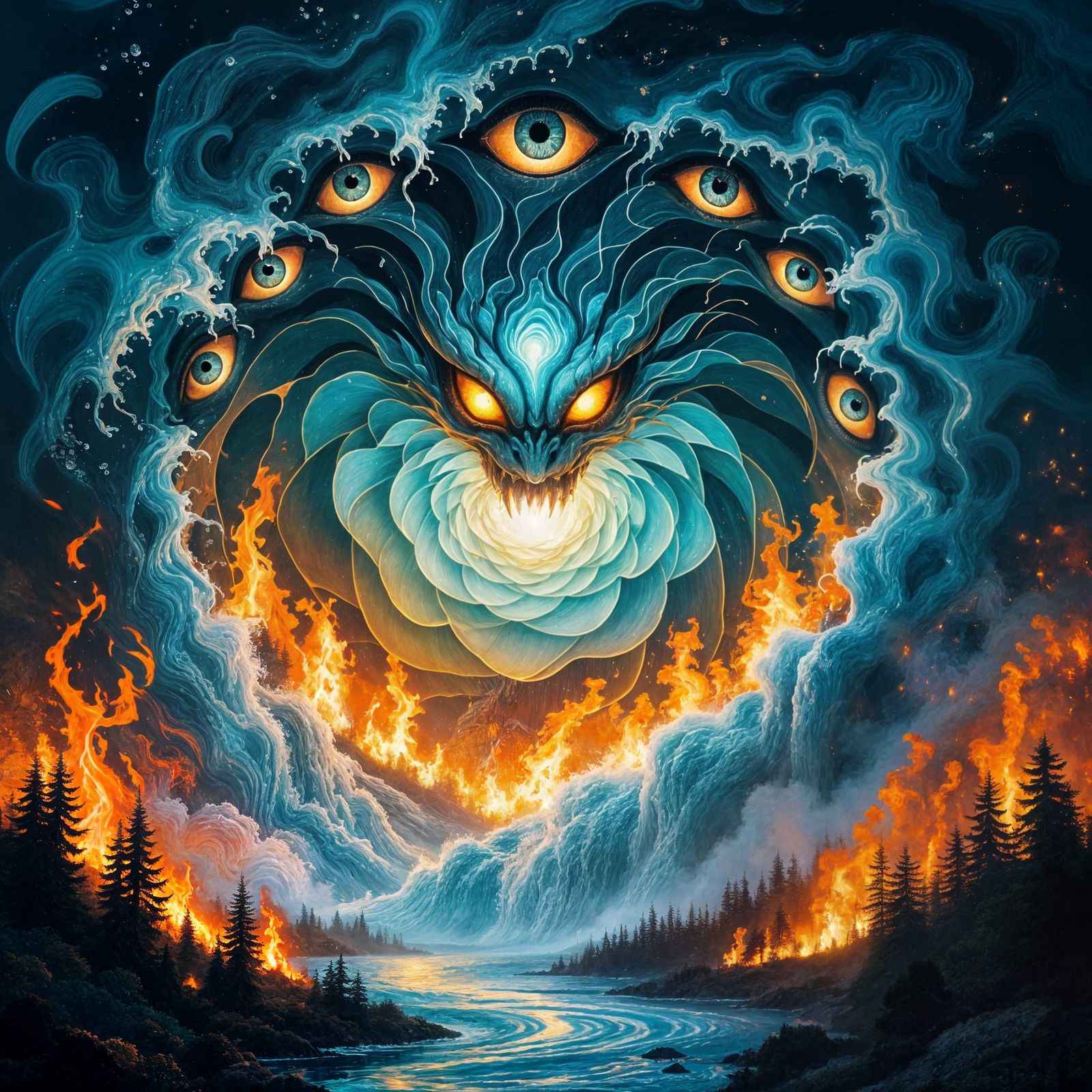 Giant Water Monster Extinguishes Burning Forest, Klimt Style