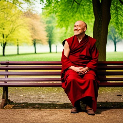 Amused Monk Relaxing on Park Bench