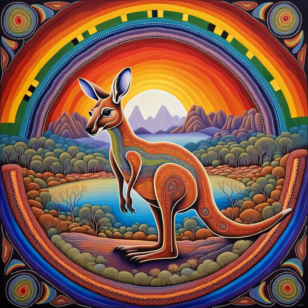 Rainbow Kangaroo in Aboriginal Rock Art Style