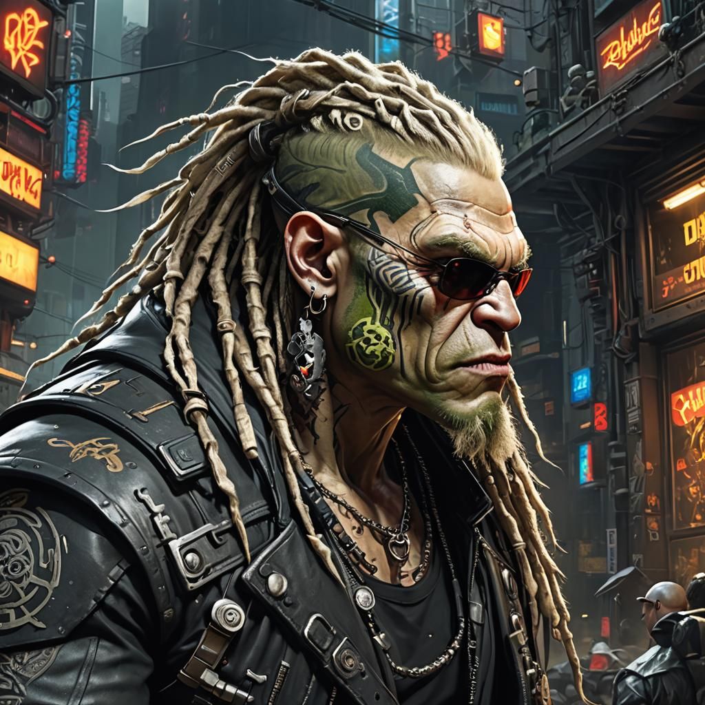 Cyberpunk Albino Orc with Cybernetic Enhancements