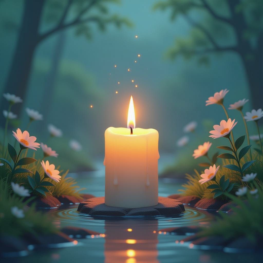 Burning Candle Casting Ethereal Light in Anime Style