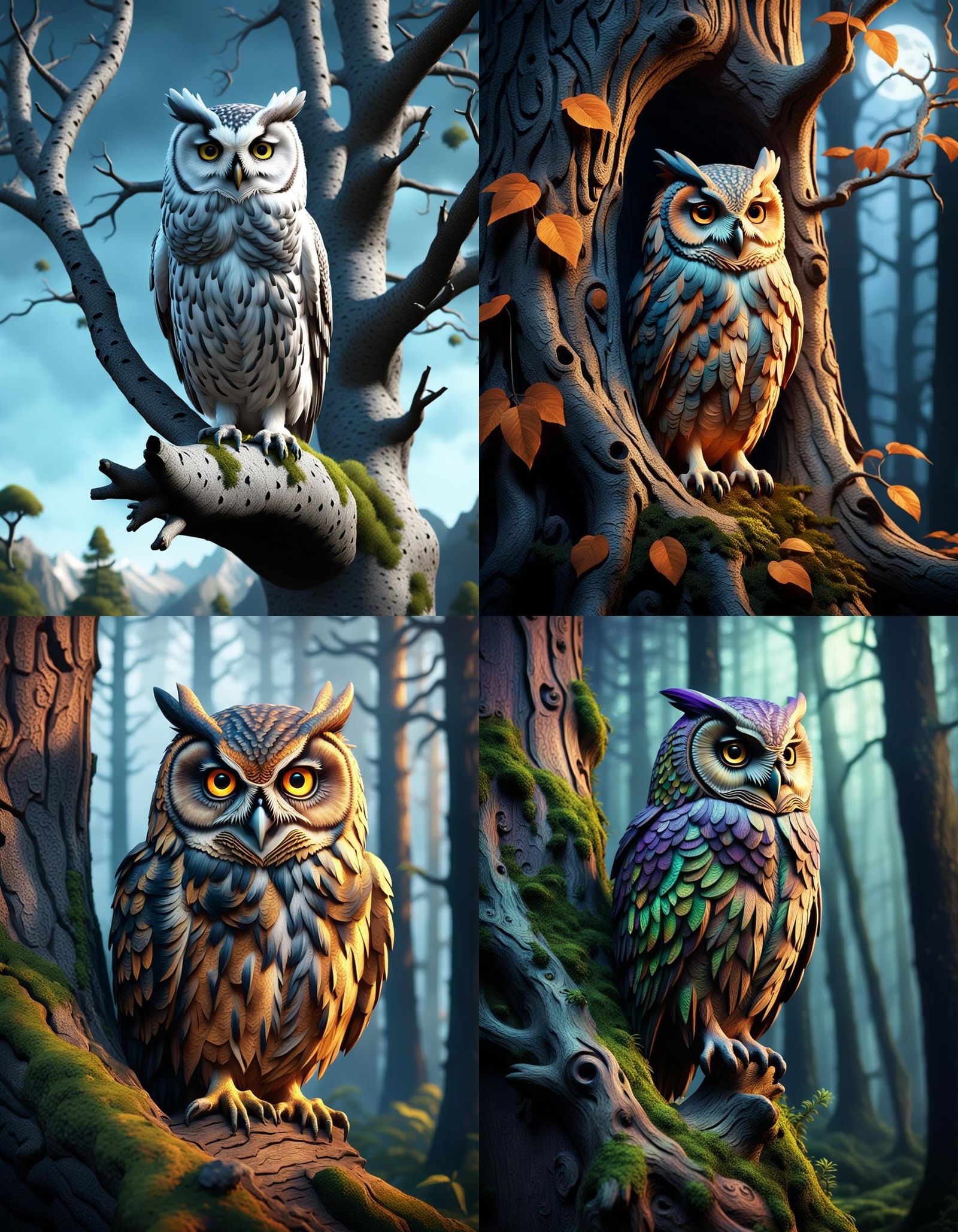 Ornate Owl Carved from Tree, 3D Render