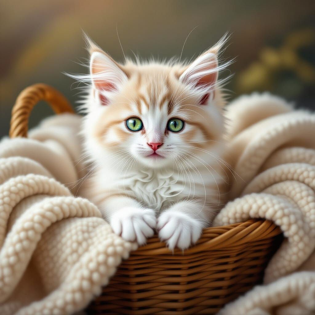 Fluffy White Kitten with Heterochromia in Basket
