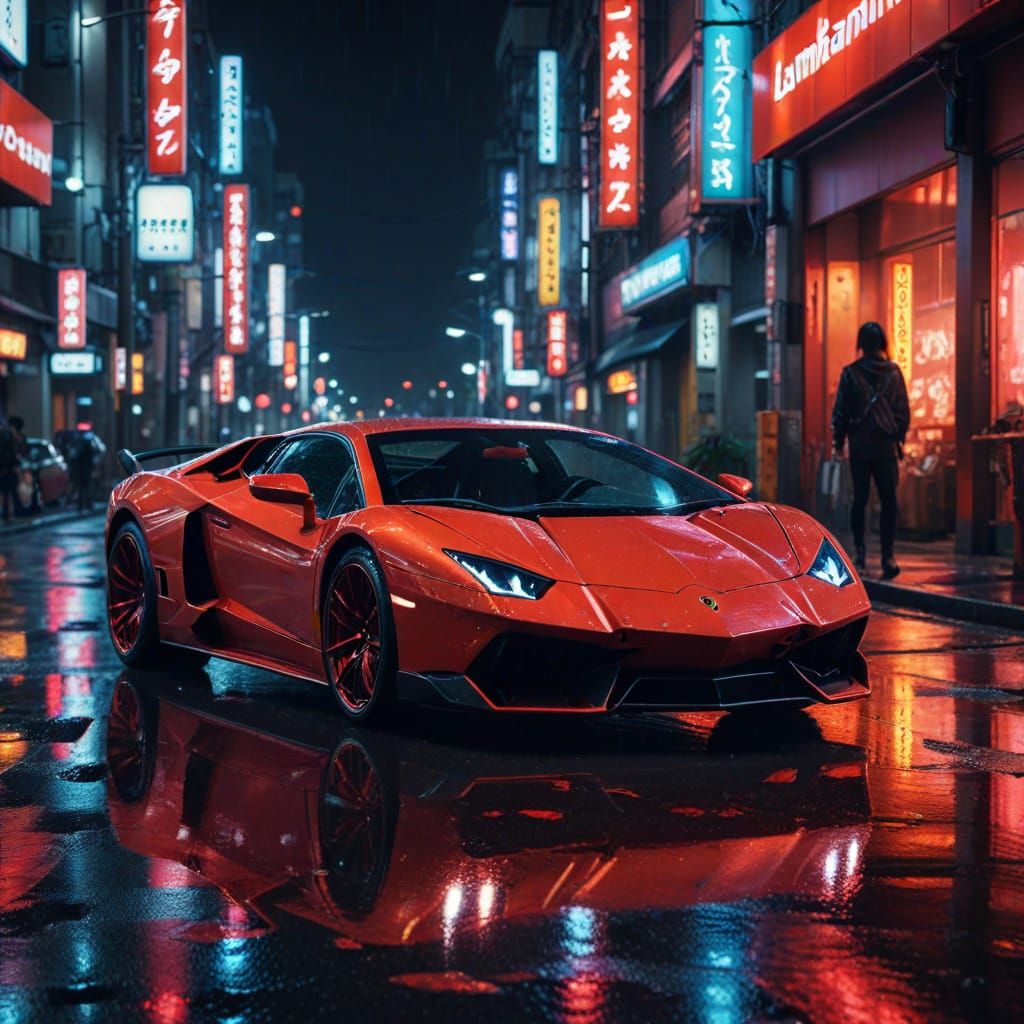 Neon Lamborghini in Tokyo: Cinematic Sci-Fi Film Still