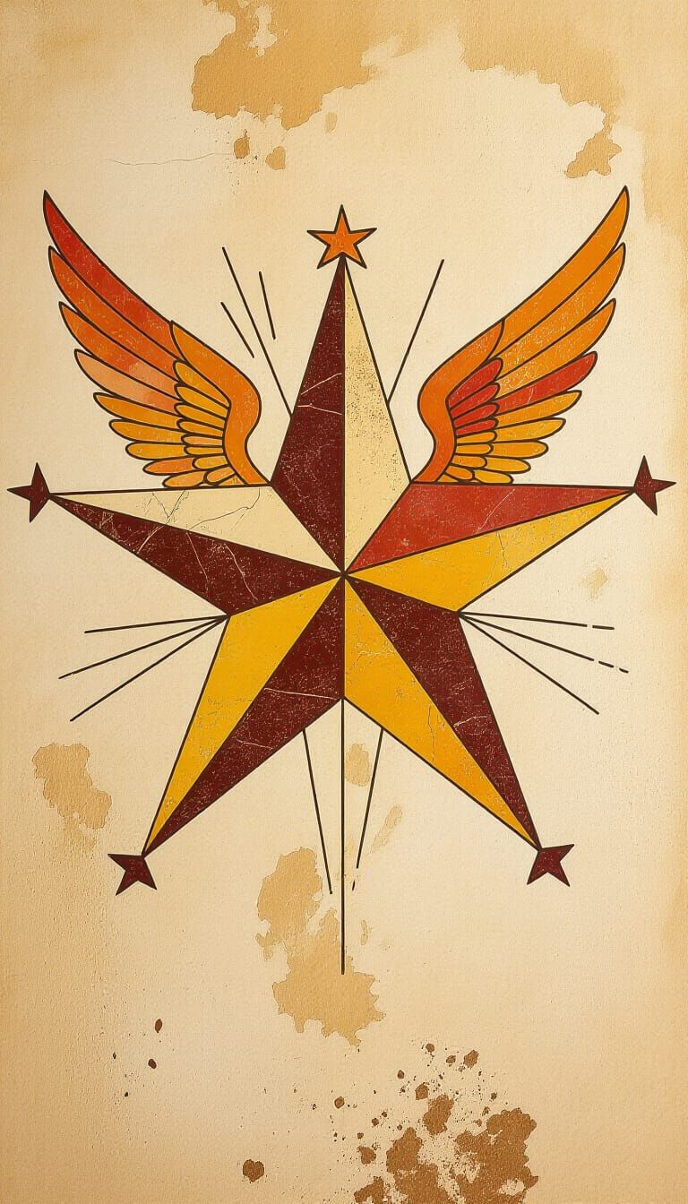 Stylized Star with Wings in Ancient Cave Art Style