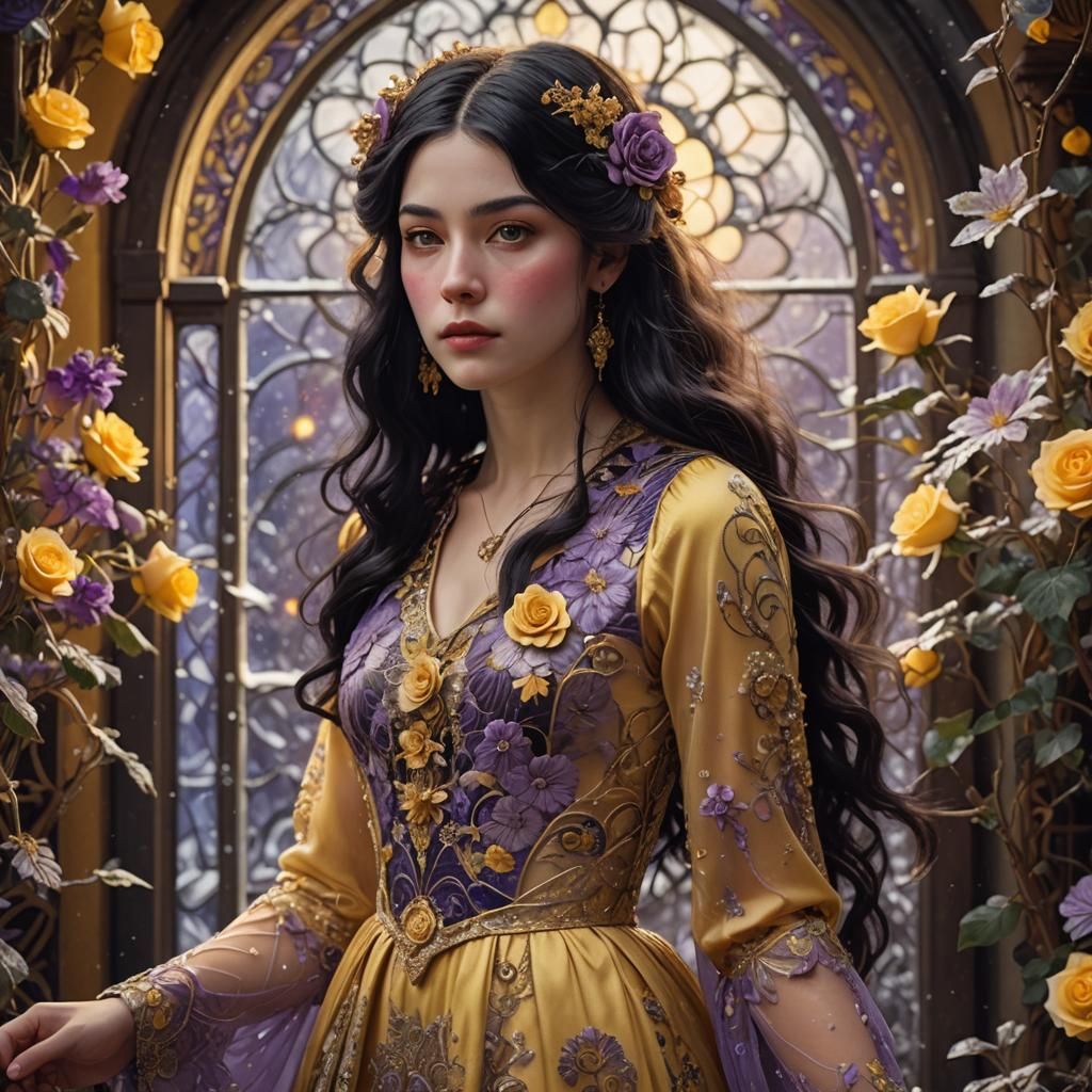 Jugendstil Girl in Christmas Setting with Flowers