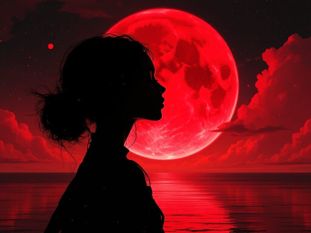 Dreamlike Silhouette: Woman and Red Moon in Cosmic Intimacy