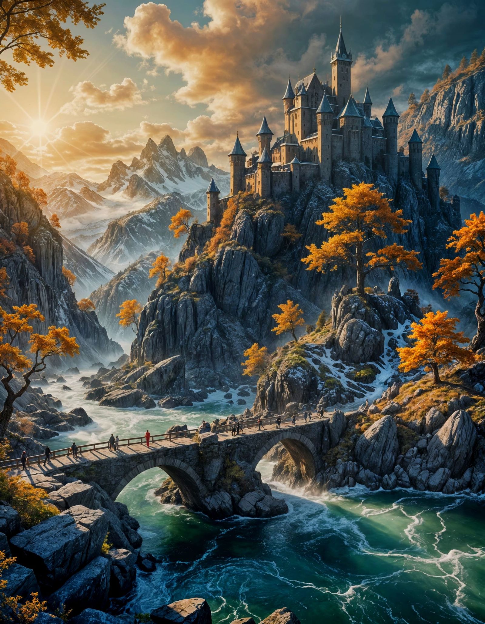 Majestic Medieval Castle at Sunrise in Autumn Snow