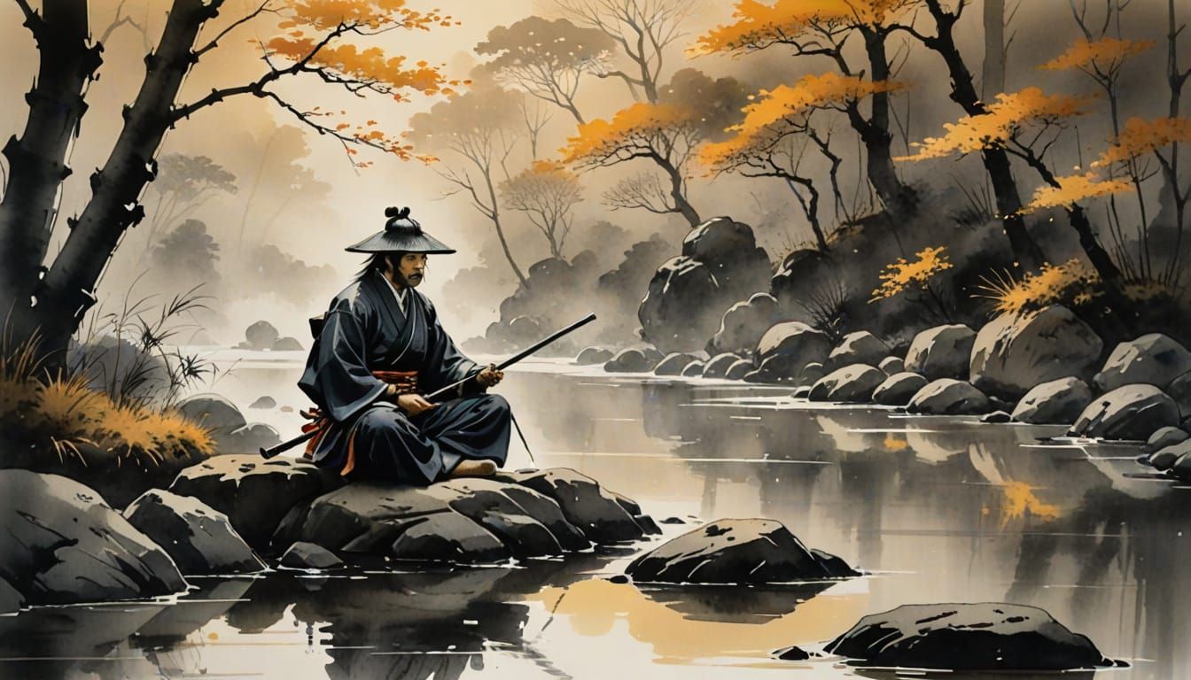 Samurai Meditation in Bamboo Forest: Sumi-e Ink Painting