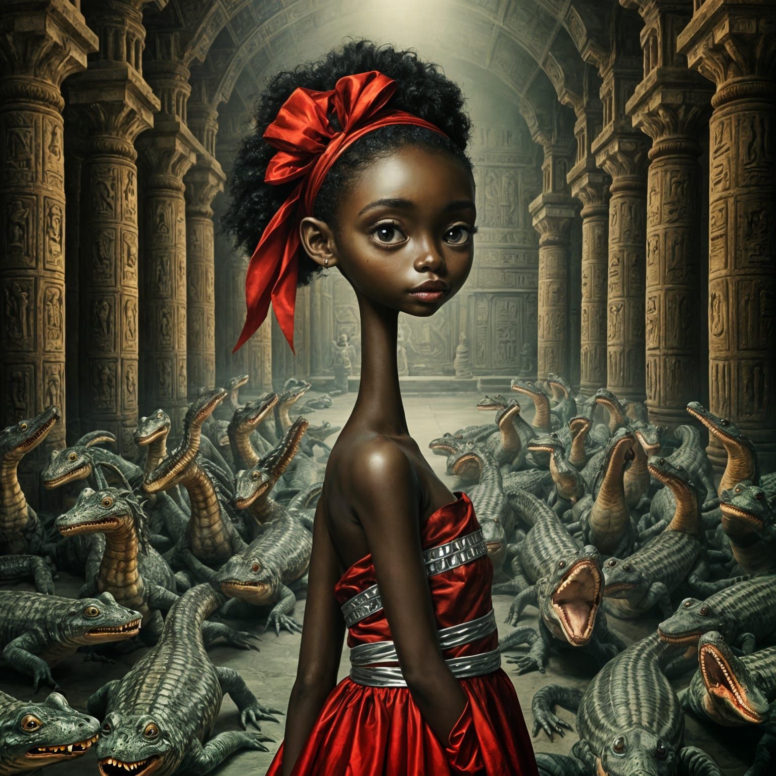 Whimsical African Girl with Crocodiles in Burtonesque Style