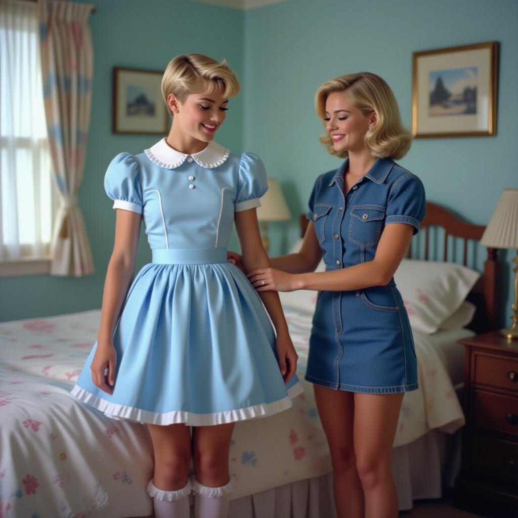 Young Man Assisted with Frilly Blue Dress