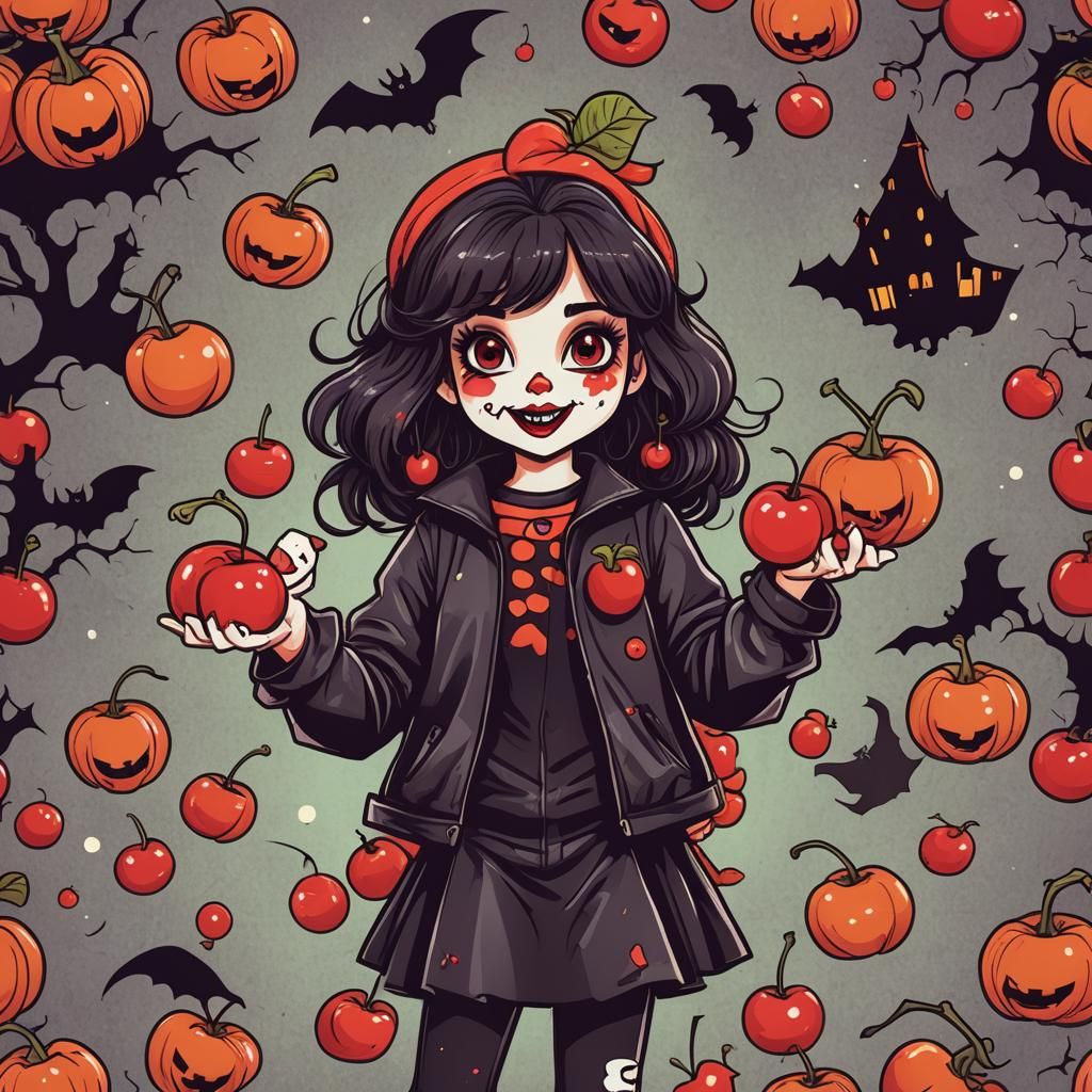 80s Cartoon Girl in Halloween Costume Eating Cherry