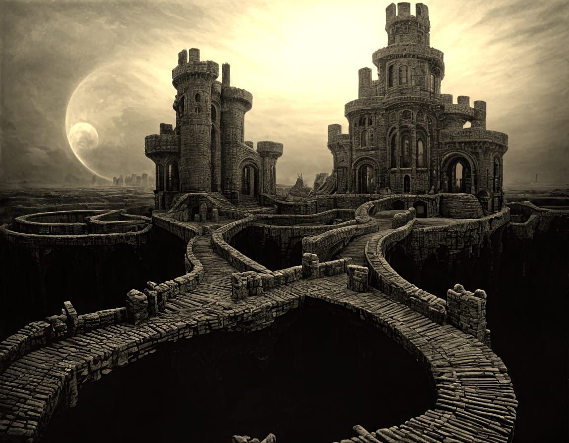 Surreal Stonehenge-Inspired Castle with Twisted Drawbridges