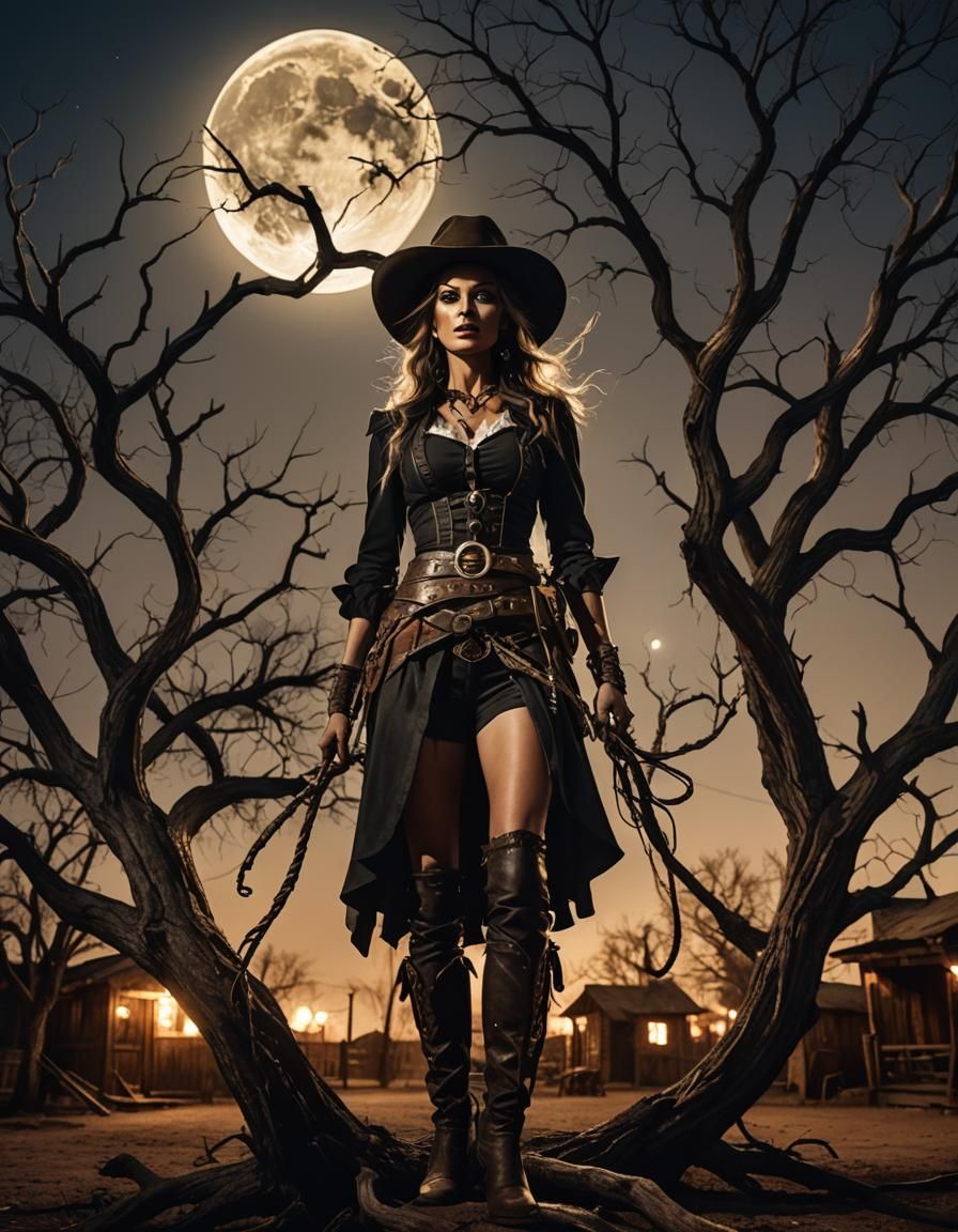 Creepy but alluring fairy dressed as a cowgirl , wild west s...