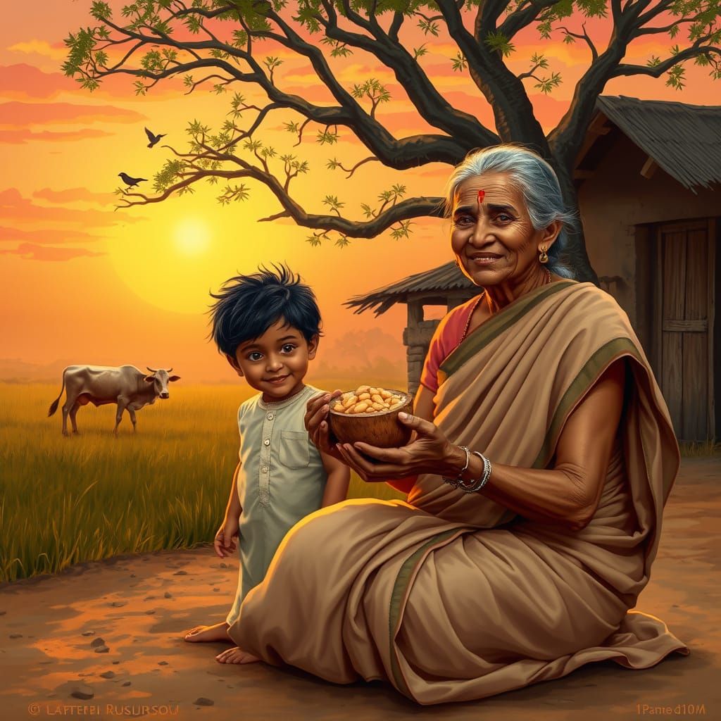 Grandmother's Warm Moment with Grandchild in Rural South Ind...