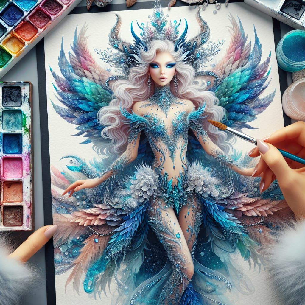Majestic Blue Winter Dragon Queen in Watercolor Style
