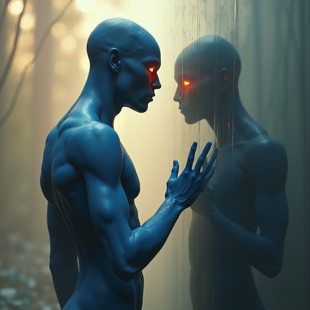 Mystical Duality: Humanoid Confronts Dark Reflection