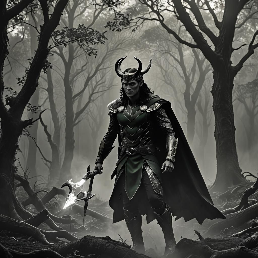 Loki in Mystical Forest: Black and White Cinematic Still