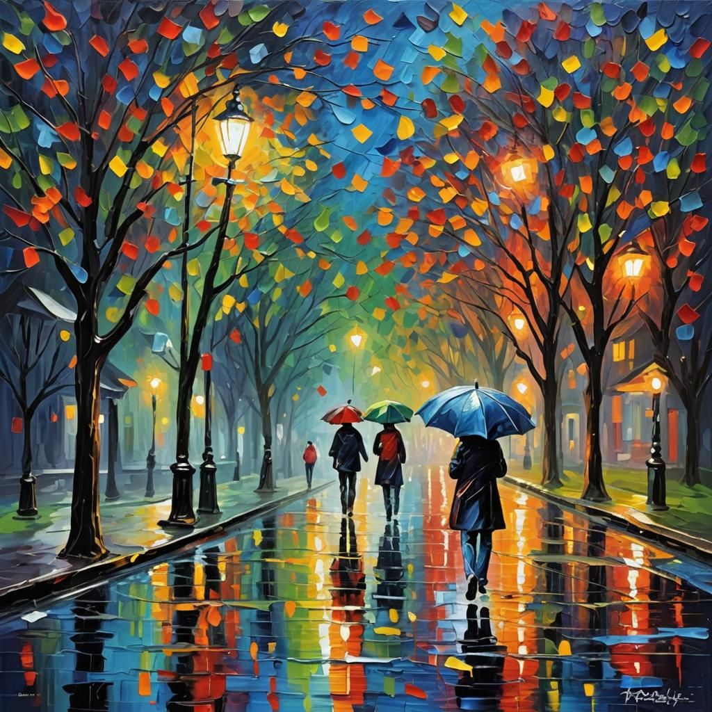 Impressionistic Rainy Night in Impasto Style