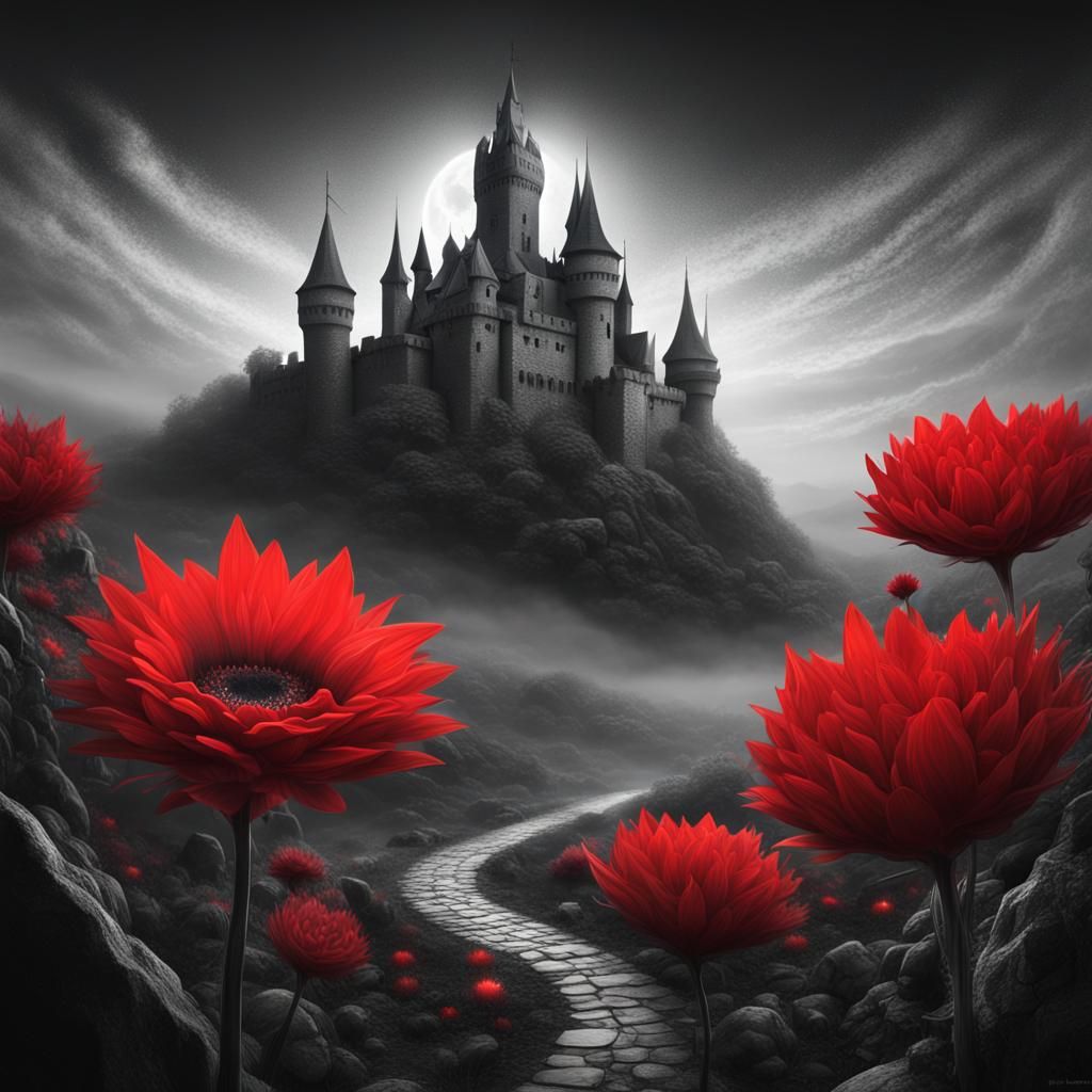 red FLOWER, monochrome landscape