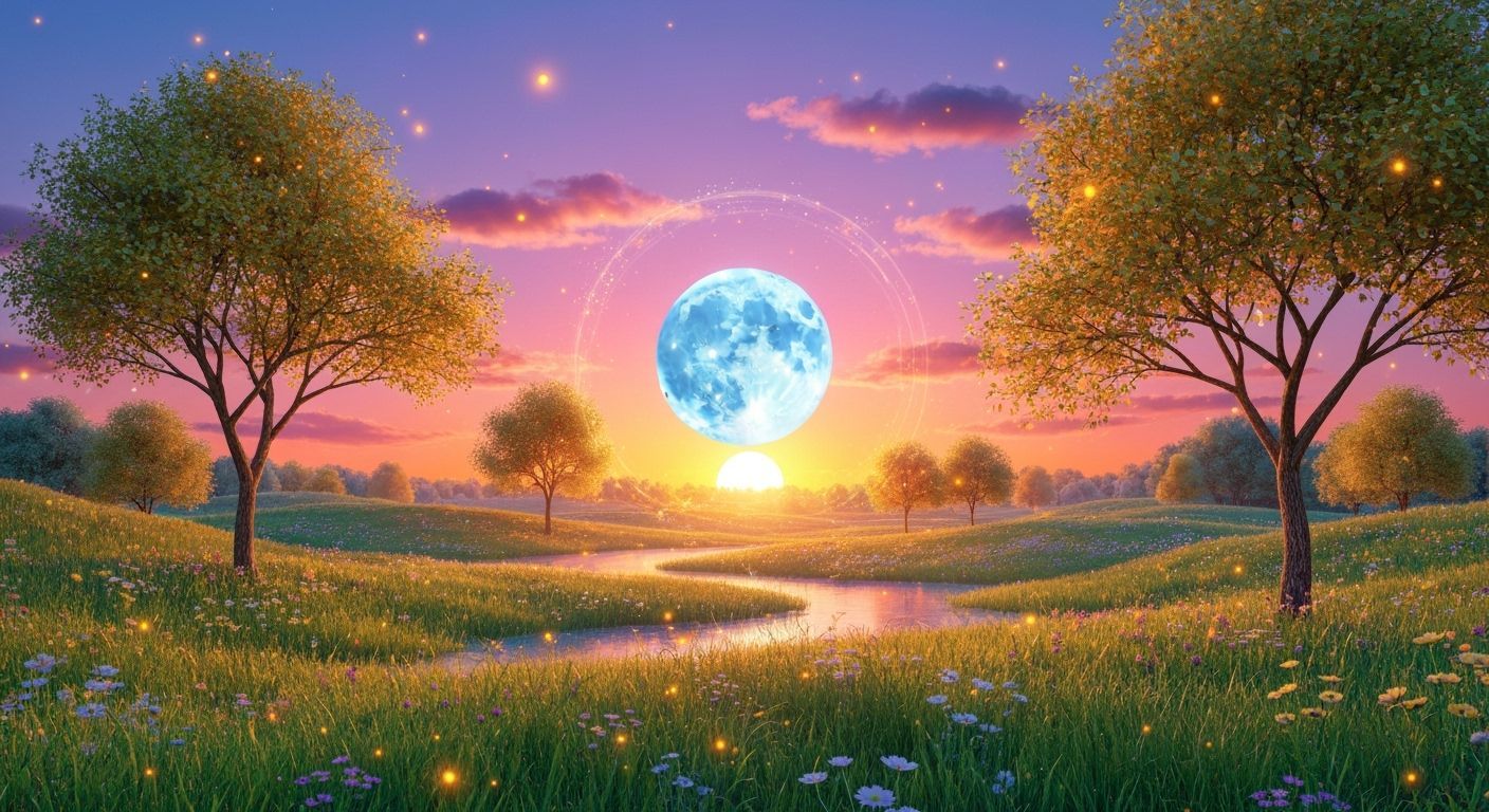 Luminous Moon over Summer Landscape in Klimt Style