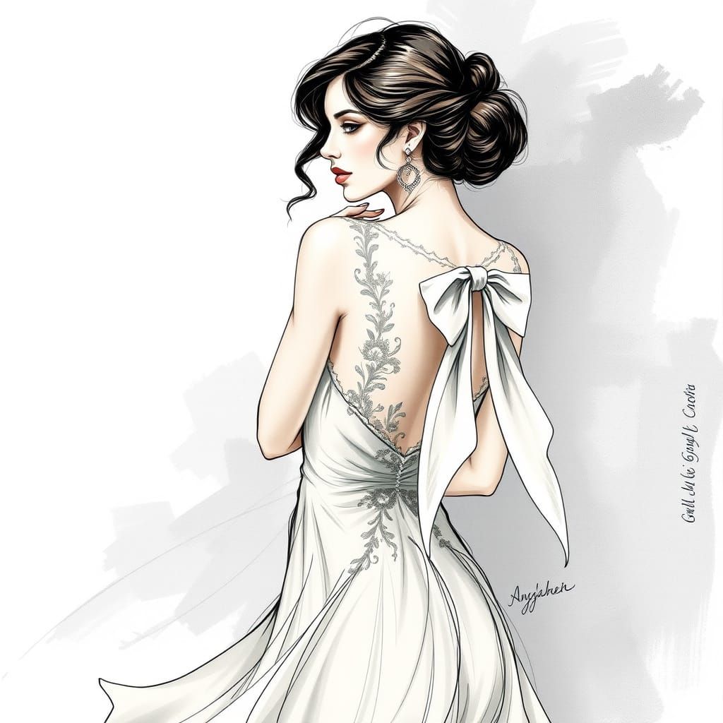 Elegant Woman in Flowing Dress, Art Nouveau Sketch