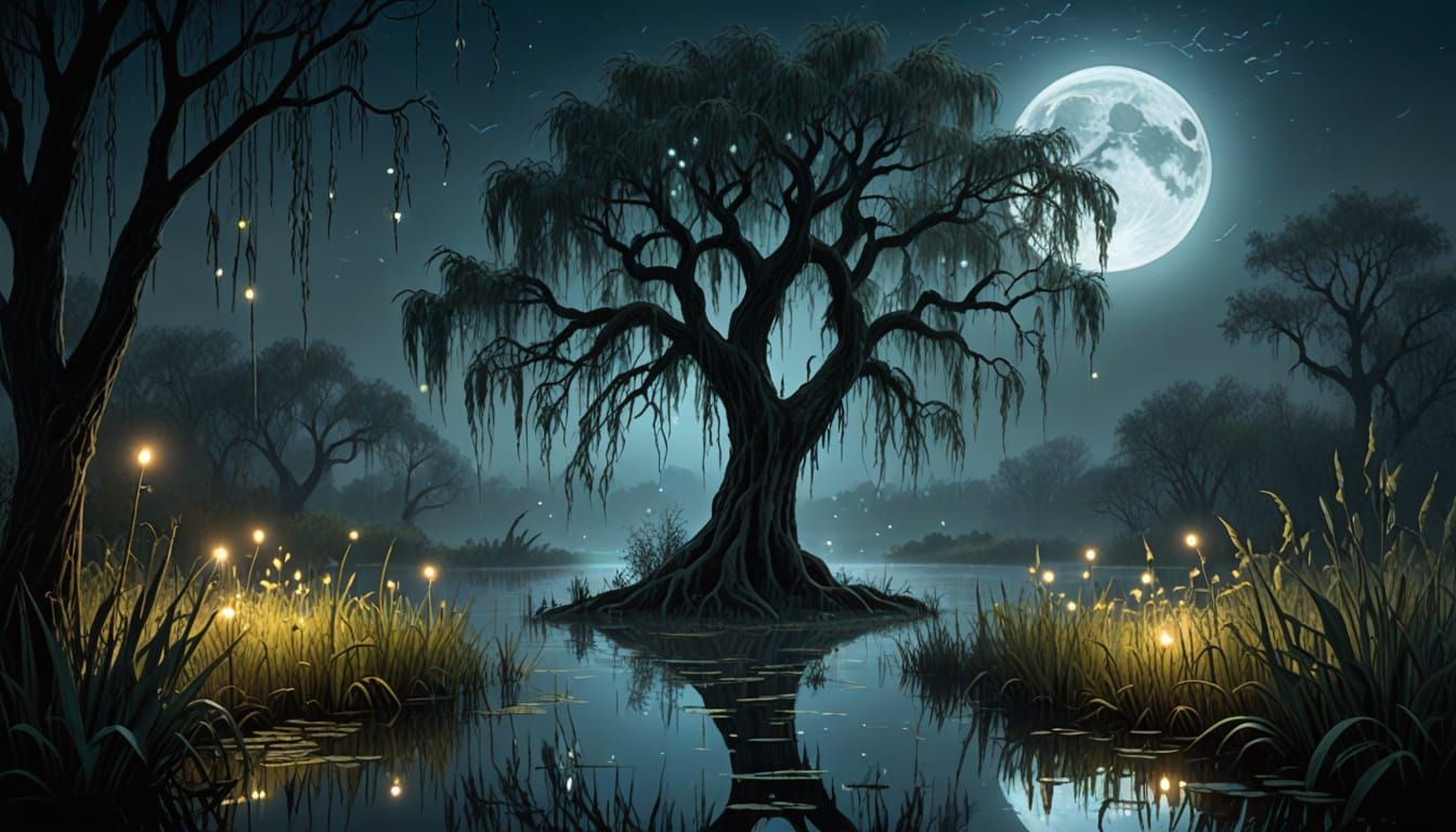 Ethereal Willow in Moonlit Swamp