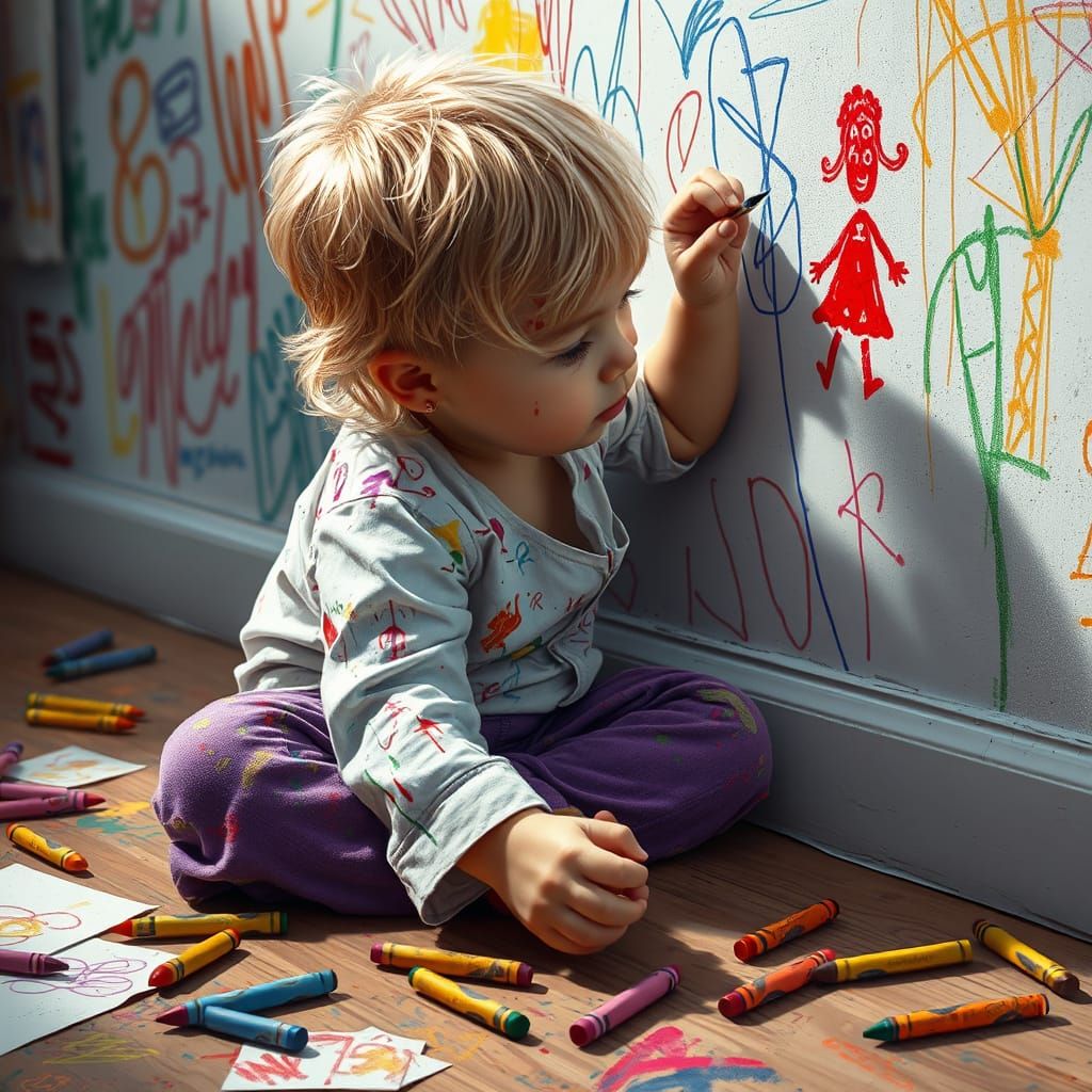Hyperrealistic Child Drawing with Crayons on Wall