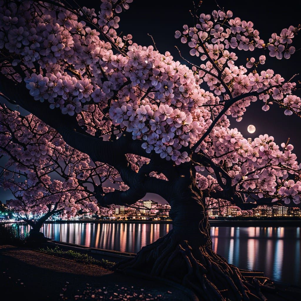Hyperrealistic Cherry Blossoms at Night