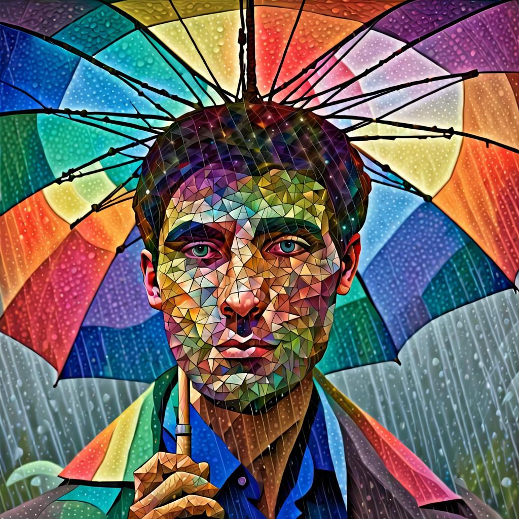 Cubist Man with Umbrella in Spectral Colors
