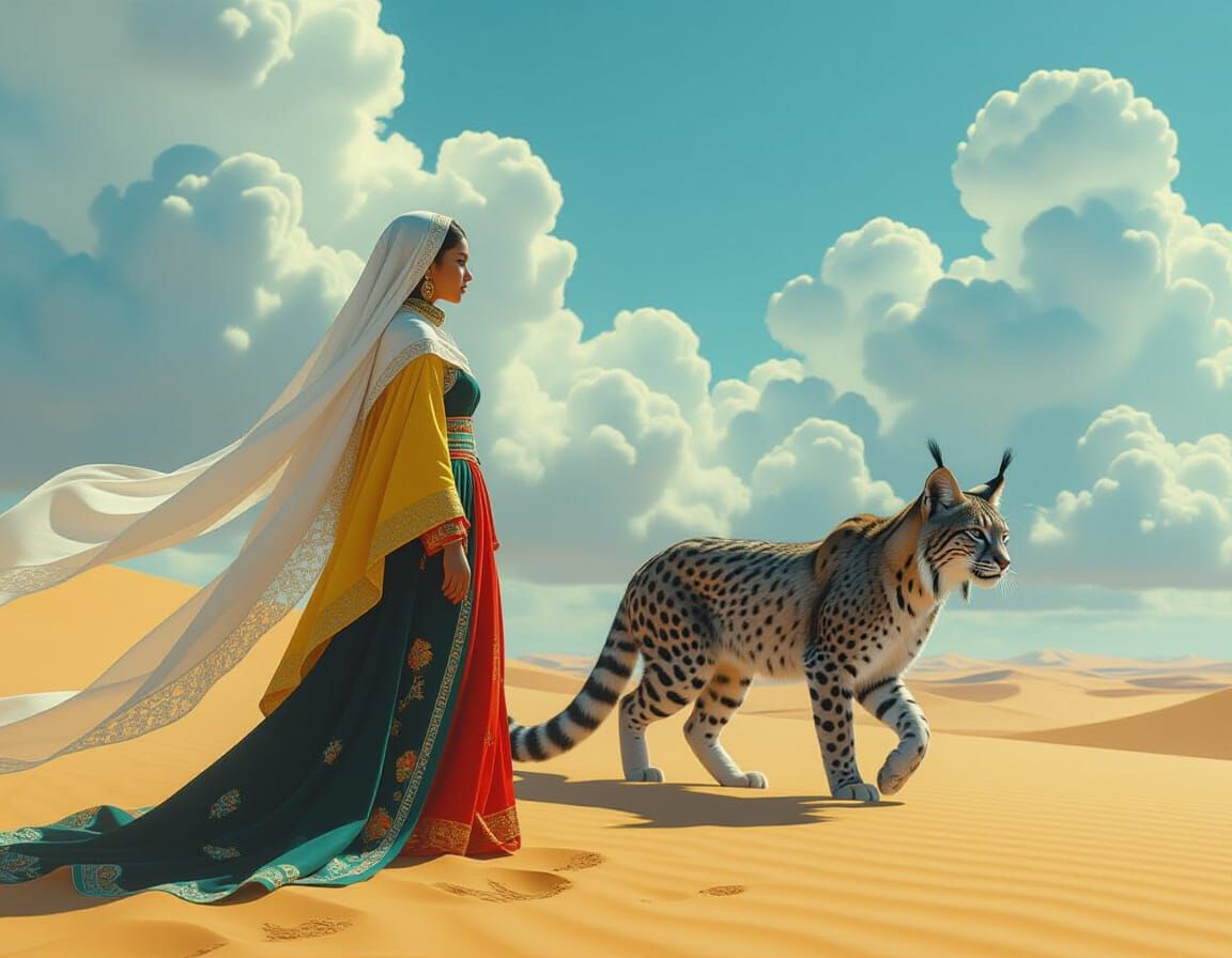 Girl and Lynx in Dreamlike Fantasy Landscape