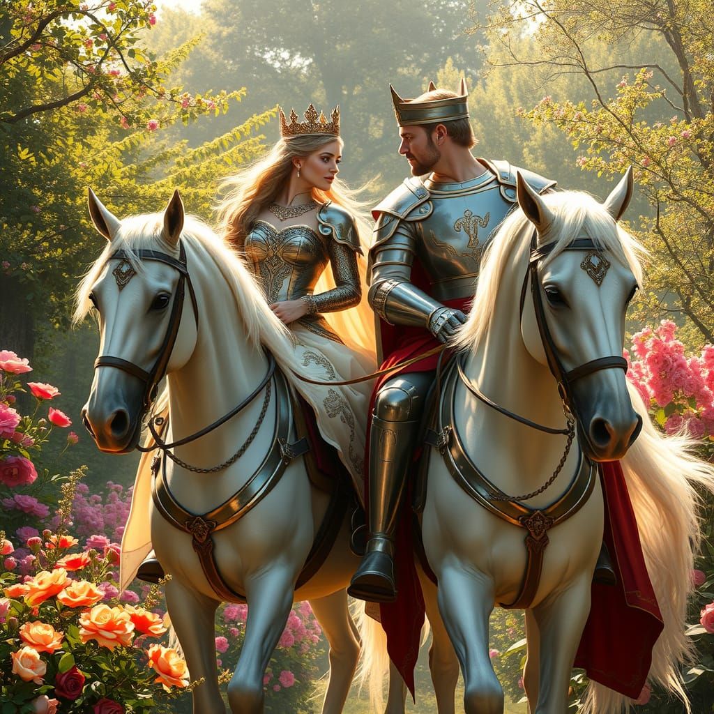 Regal Warrior Queen and King in a Serene Garden Landscape
