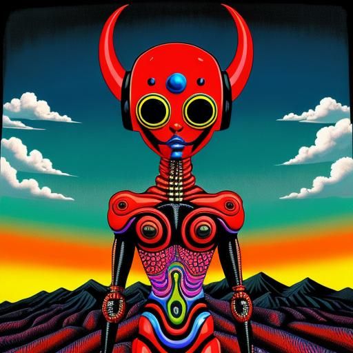 Surreal Anthropomorphic Figure on Hill, Futuristic Painting