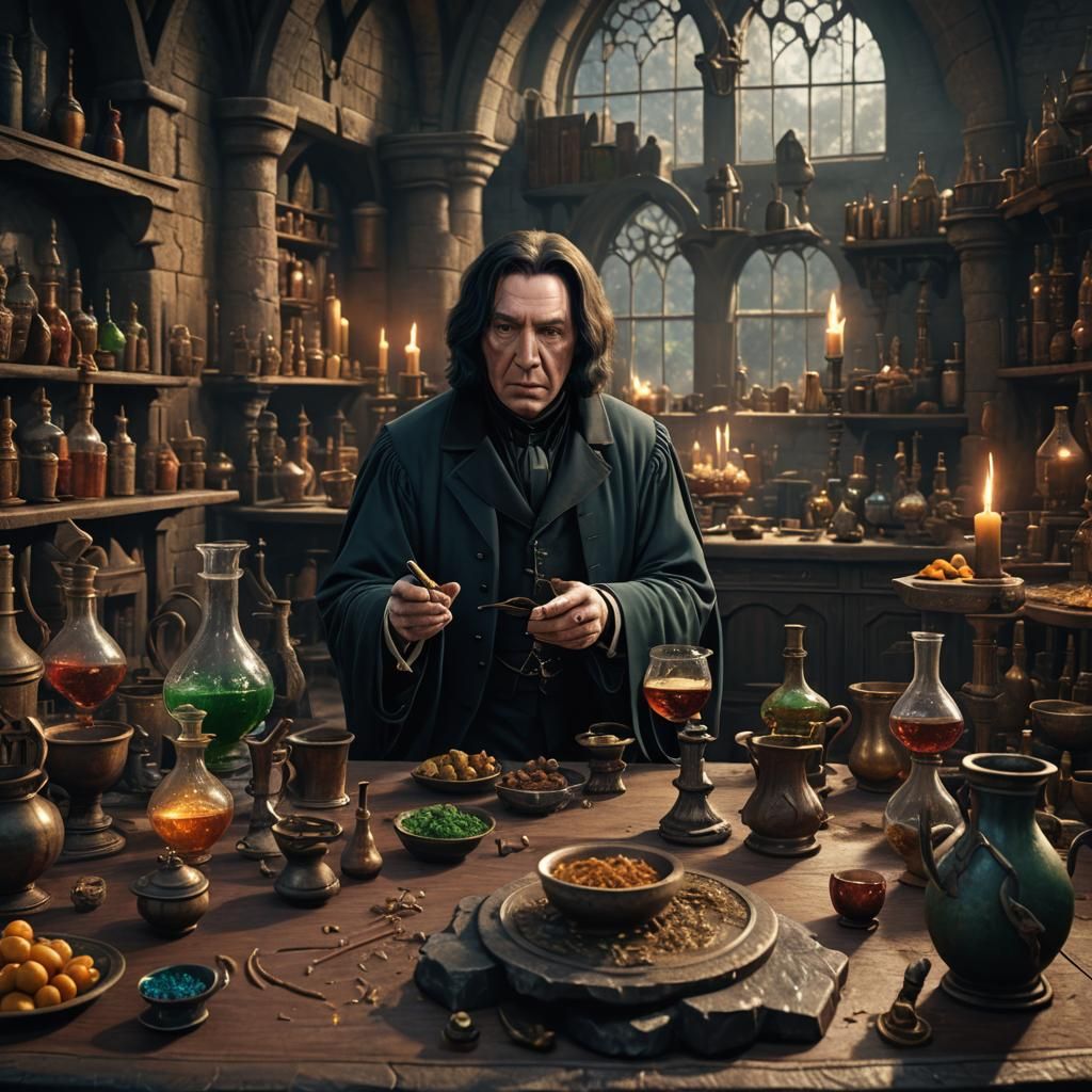 Professor Snape at an alchemy table