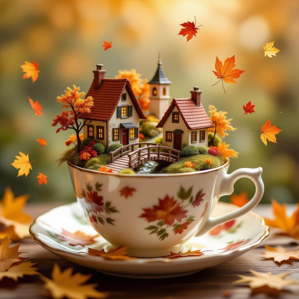 Autumn Village in Teacup: Storybook Illustration