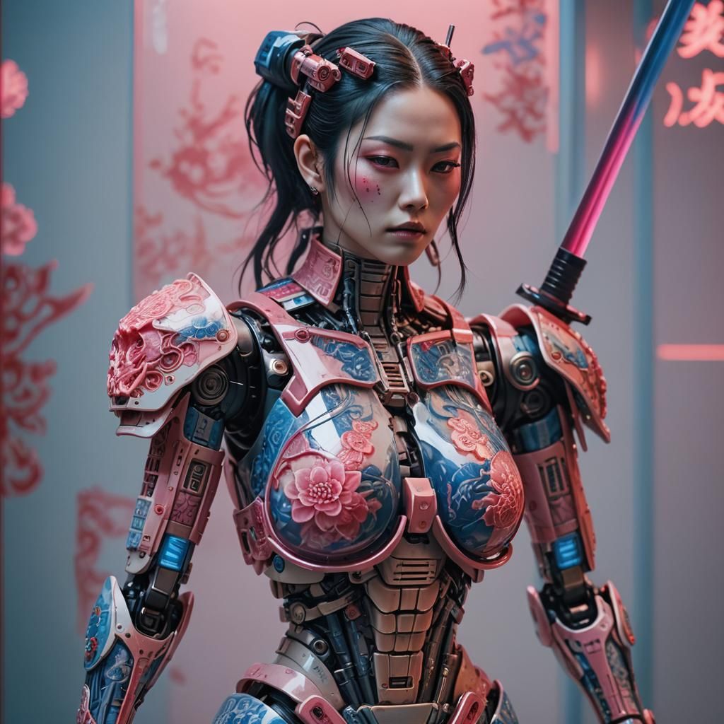 Female Yakuza Robot with Katana in Cyberpunk Style