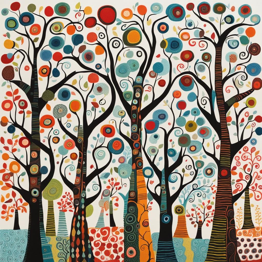 Naive Folk Art: Curly Trees in Bold Colors