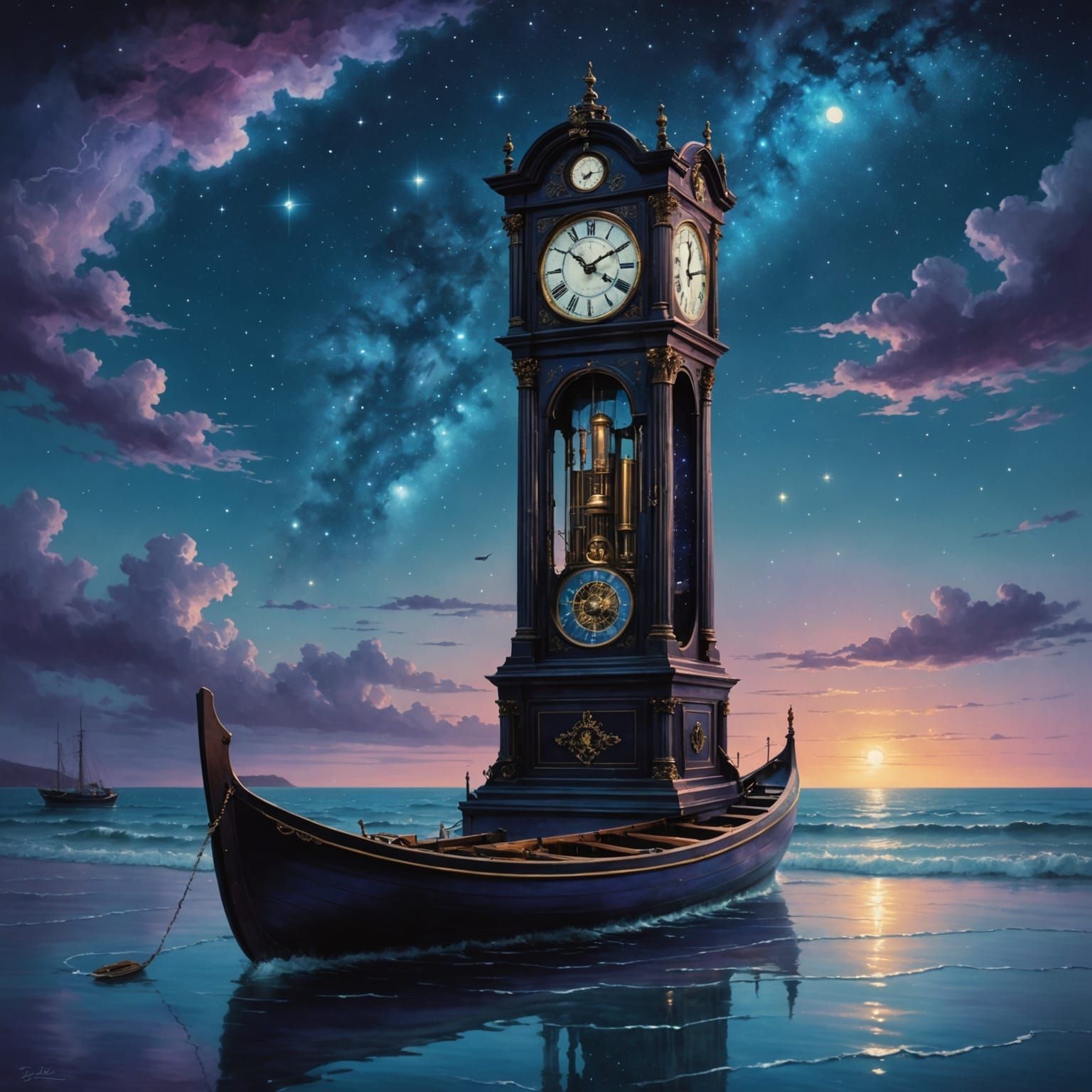 Surreal Ocean Clock with Constellations and Rowboat
