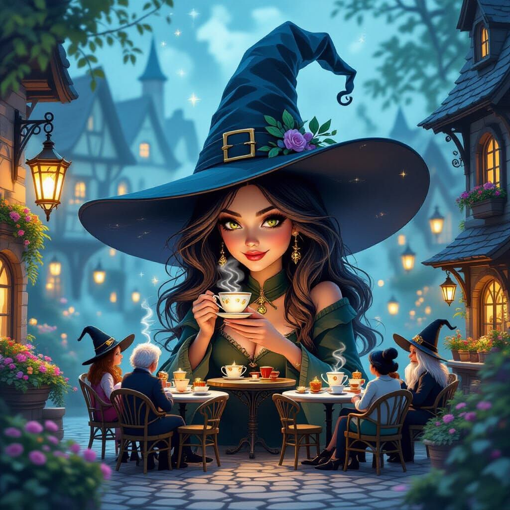 Whimsical Witch Café on Hat Brim in Concept Art Style